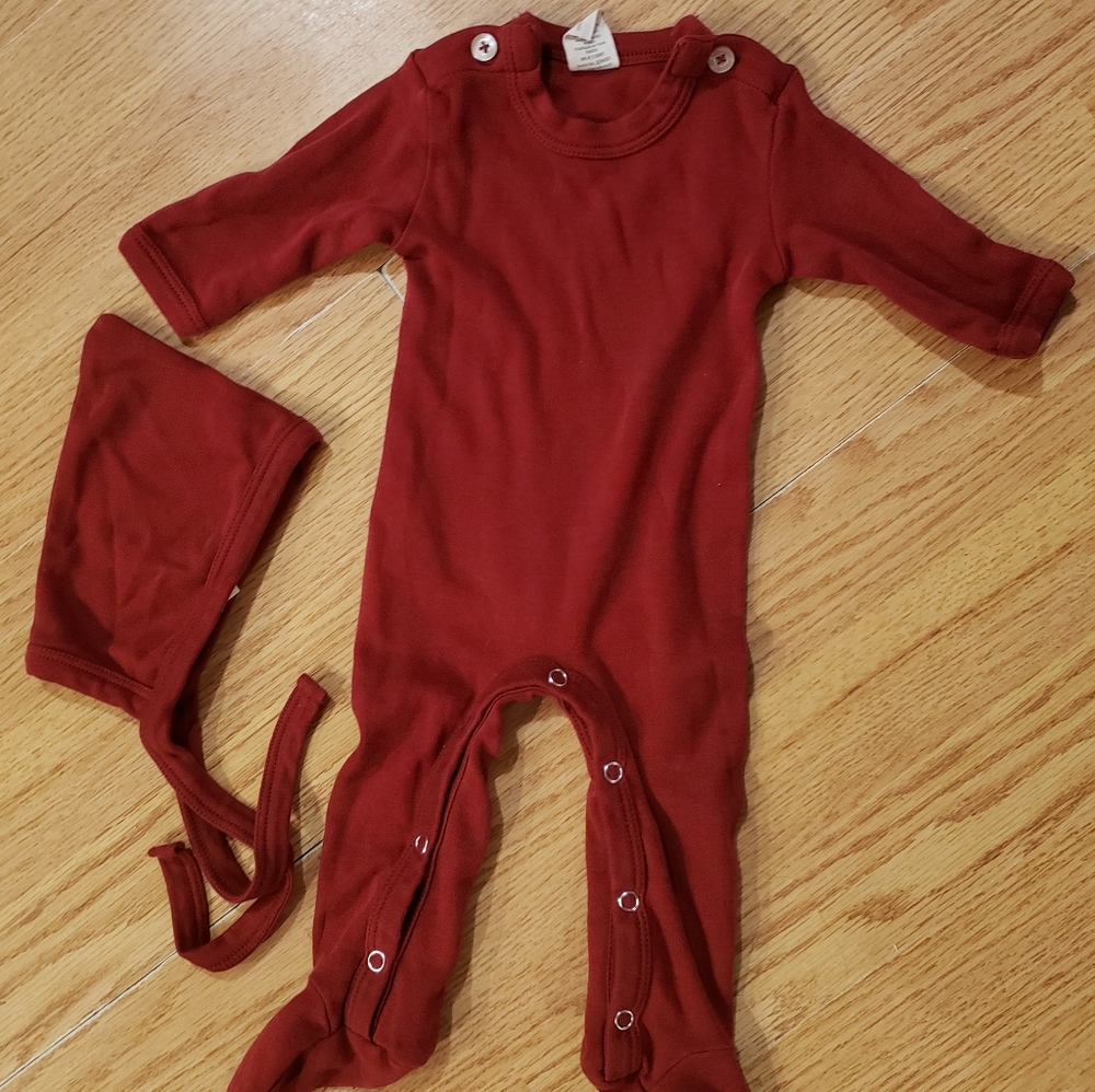 Kate Quinn button footie sleeper and elf hat newborn in garnet